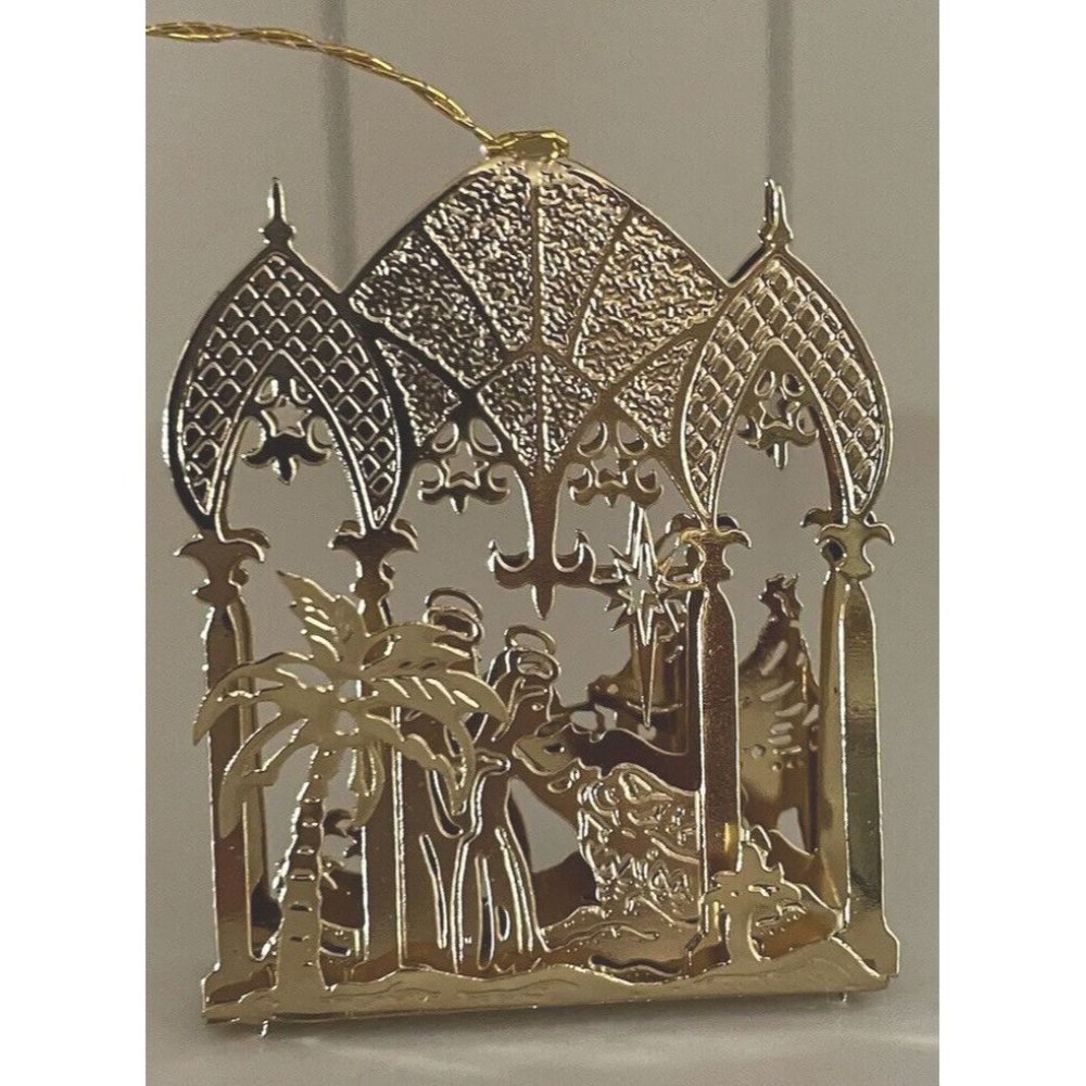 Gold Christmas Ornament Fantasy Decor Vintage Manger Scene North Star Angels